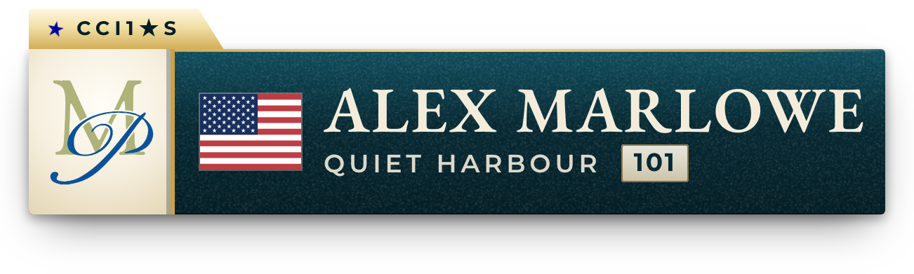 Name lower third close-up: the MP monogram, the flag, Alex Marlowe, Quiet Harbour and pinney 101.