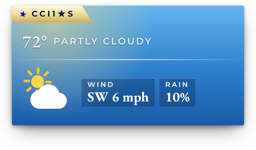 Weather panel close-up: temperature, sky, wind and rain.