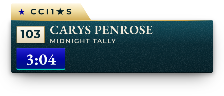 Name corner bug close-up: pinney 103, Carys Penrose, Midnight Tally, and the ride clock at 3:04.